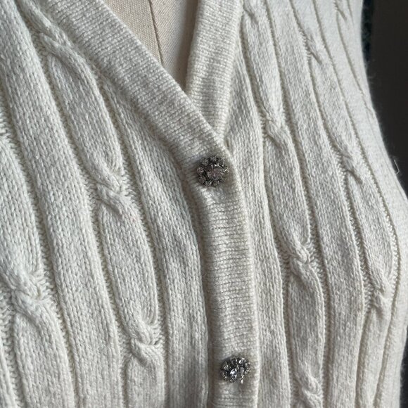 Karen Scott Cream Silk Angora Blend Cable Knit Cardigan Rhinestone Button - Picture 2 of 9